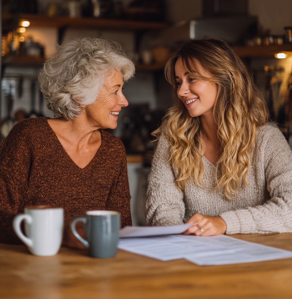 Adult daughter helping her elderly mother review Medicare coverage and healthcare options at home in Southwest Virginia